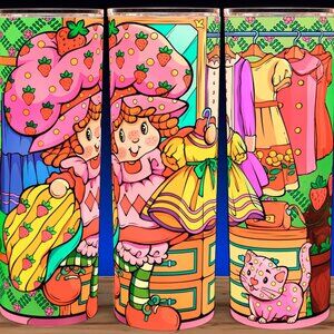 Strawberry Shortcake and Cat Trying on Clothes Cartoon Cup Mug Tumbler